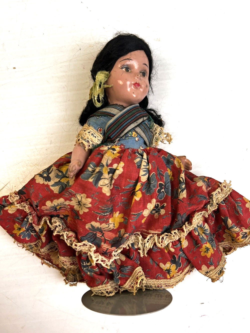 Vintage Hispanic Ethnic Doll 9" Dark Skin Black Hair Red Dress Missing Leg
